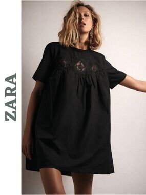 ZARA Black Cotton Embroidered Babydoll Mini Dress Medium